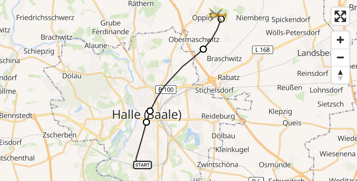 Flugroute Ambulanzhubschrauber Halle (Saale) - Halle-Oppin Airfield, 14 März 2026, 13:55