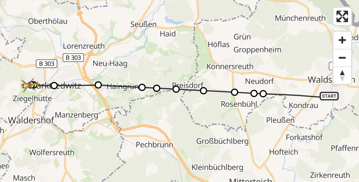 Flugroute Rettungshubschrauber Kondrau - Fichtelgebirge Hospital Marktredwitz, 14 März 2026, 13:59