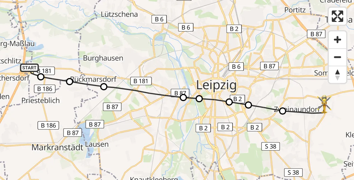 Flugroute Rettungshubschrauber ADAC Air Rescue Station Leipzig/Schkeuditz-Dölzig Heliport (Christoph 61) - Ost, 14 März 2026, 14:00