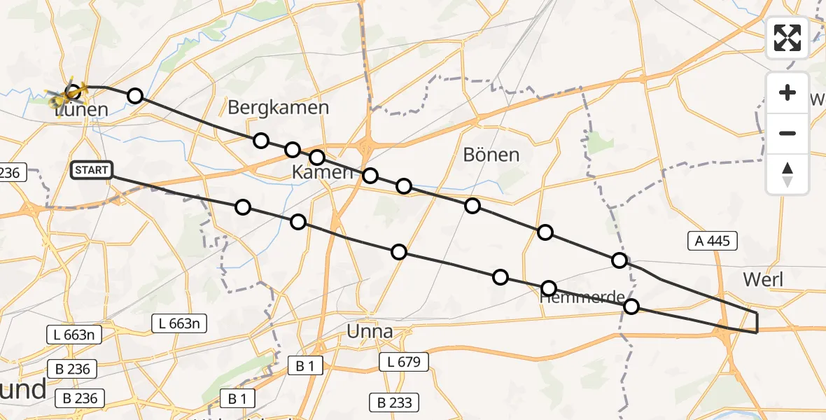 Flugroute Rettungshubschrauber Lünen - Sankt Marien Hospital, 14 März 2026, 14:04