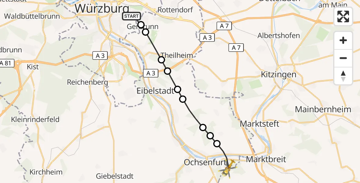 Flugroute Rettungshubschrauber Würzburg - Marktbreit, 14 März 2026, 14:04