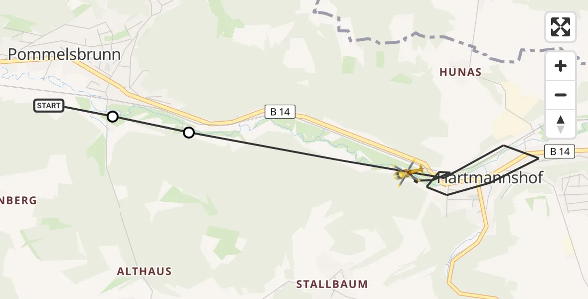 Flugroute Ambulanzhubschrauber Hohenstadt - Hartmannshof, 14 März 2026, 14:13