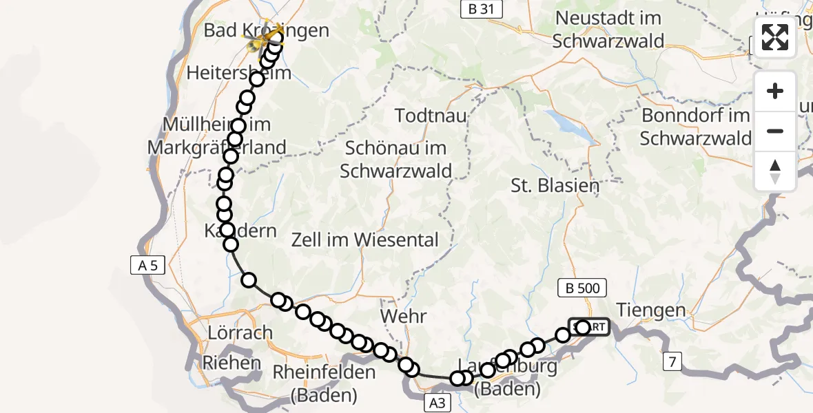 Flugroute Rettungshubschrauber Eschbach - Bad Krozingen (Kernstadt), 14 März 2026, 14:13