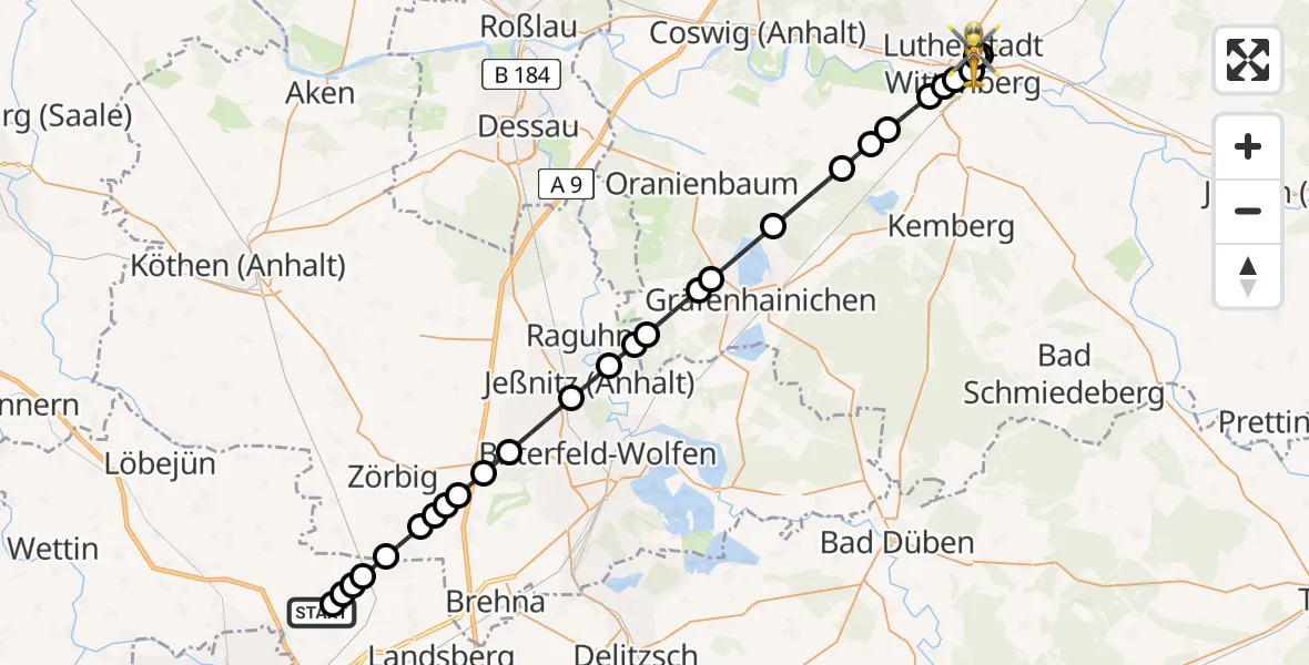Flugroute Rettungshubschrauber Halle-Oppin Airfield - Paul-Gerhardt-Stift Evangelical Hospital, 14 März 2026, 14:20