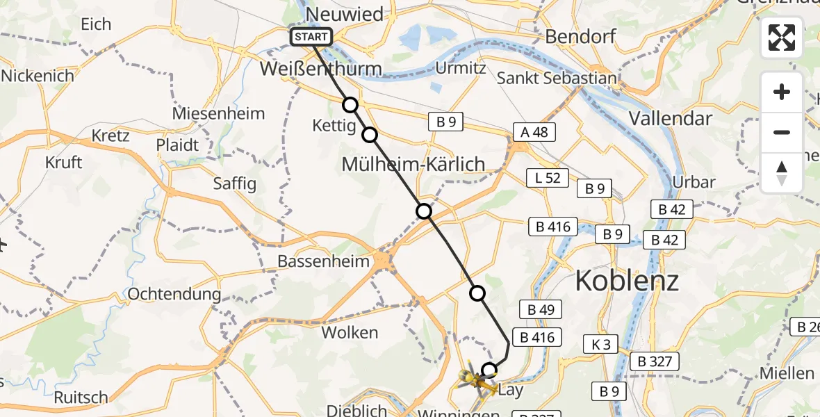 Flugroute Ambulanzhubschrauber Weißenthurm - Koblenz-Winningen Airfield, 14 März 2026, 14:24
