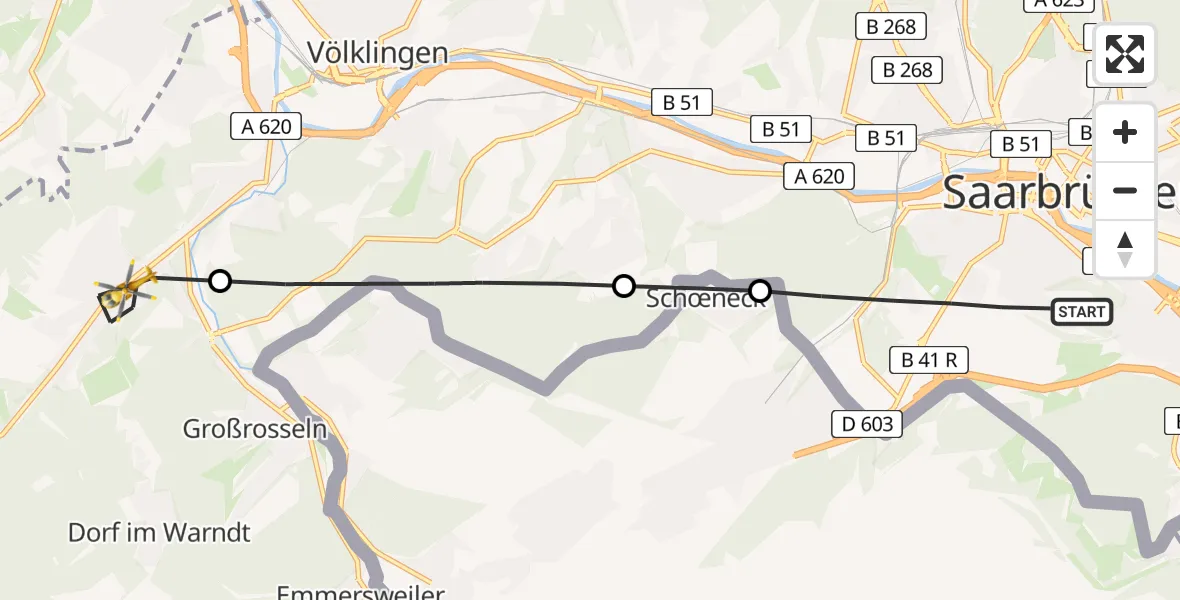 Flugroute Rettungshubschrauber Saarbrücken - Völklingen, 14 März 2026, 14:29