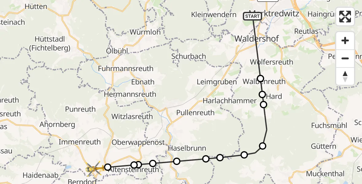 Flugroute Rettungshubschrauber Fichtelgebirge Hospital Marktredwitz - Kulmain, 14 März 2026, 14:33