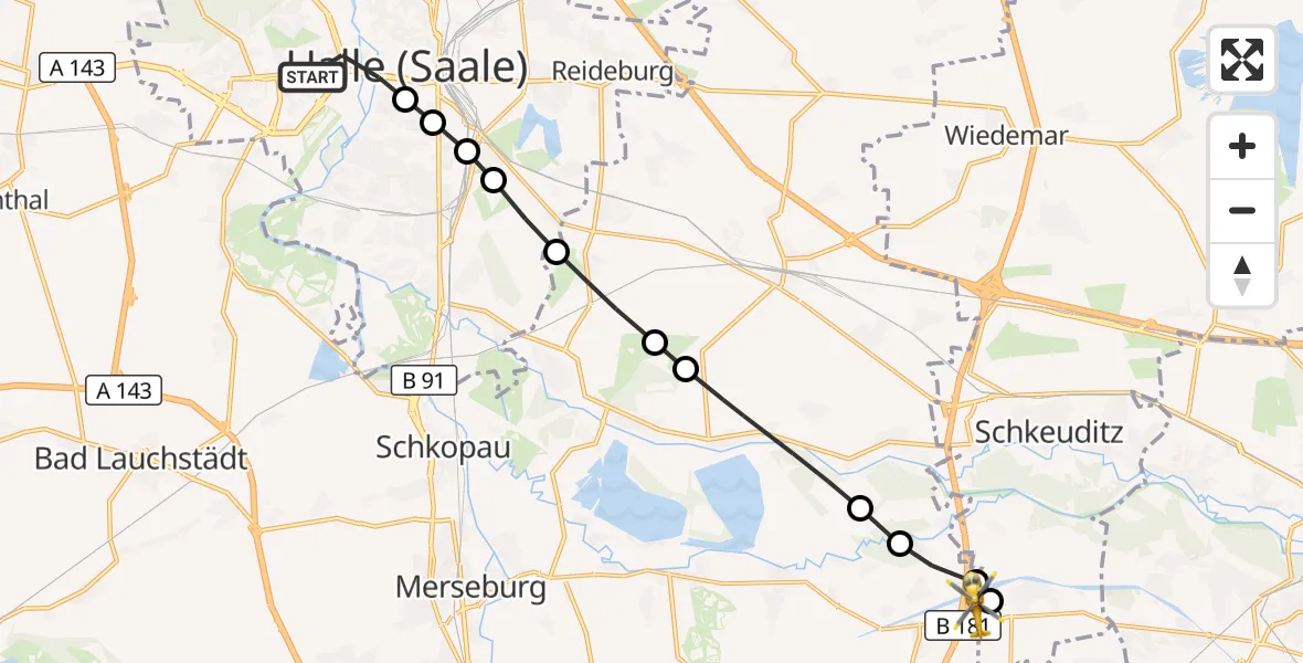 Flugroute Rettungshubschrauber Halle (Saale) - ADAC Air Rescue Station Leipzig/Schkeuditz-Dölzig Heliport (Christoph 61), 14 März 2026, 14:37