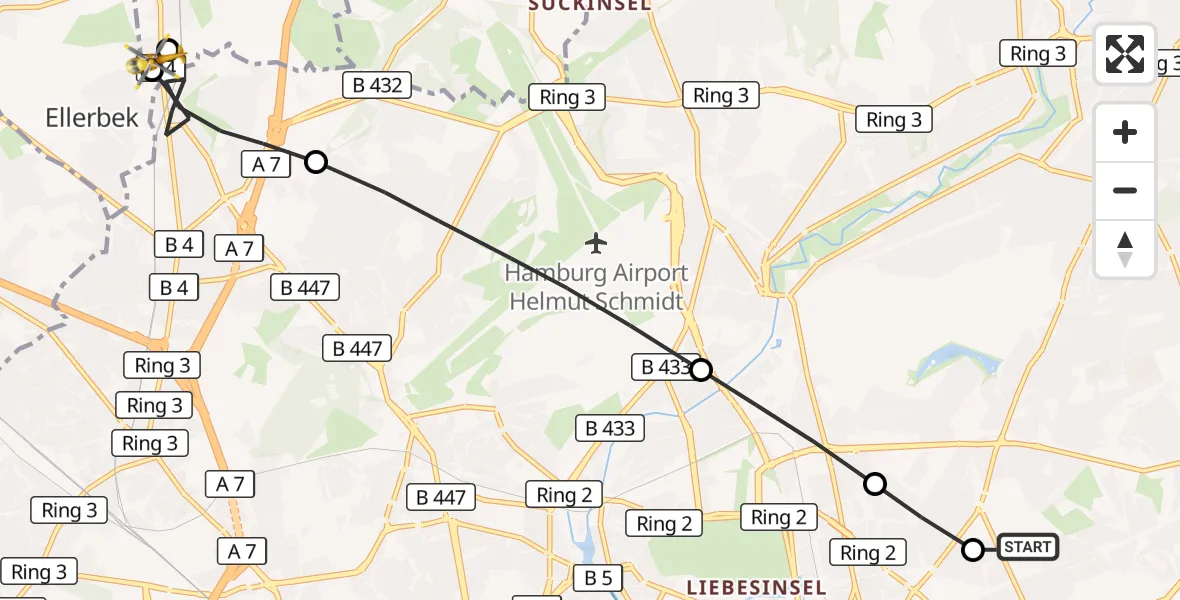 Flugroute Rettungshubschrauber Hamburg Military Hospital - Bönningstedt, 14 März 2026, 14:38