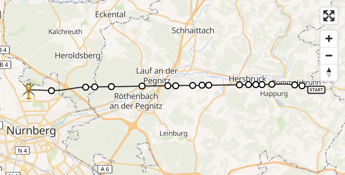 Flugroute Ambulanzhubschrauber Hartmannshof - Nuremberg Airport, 14 März 2026, 14:40