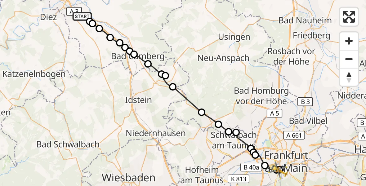 Flugroute Ambulanzhubschrauber Lindenholzhausen - Frankfurt University Hospital, 14 März 2026, 14:41