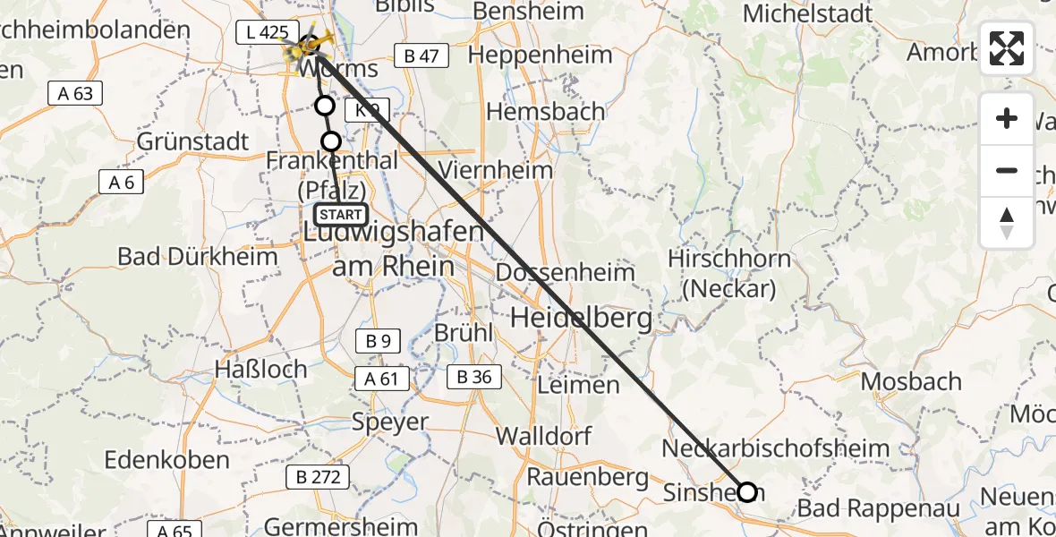 Flugroute Rettungshubschrauber Frankenthal (Pfalz) - Worms, 14 März 2026, 14:46