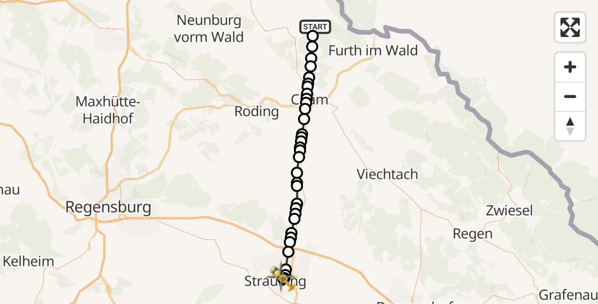 Flugroute Rettungshubschrauber Grub - Sankt Elisabeth Hospital Straubing, 14 März 2026, 14:55