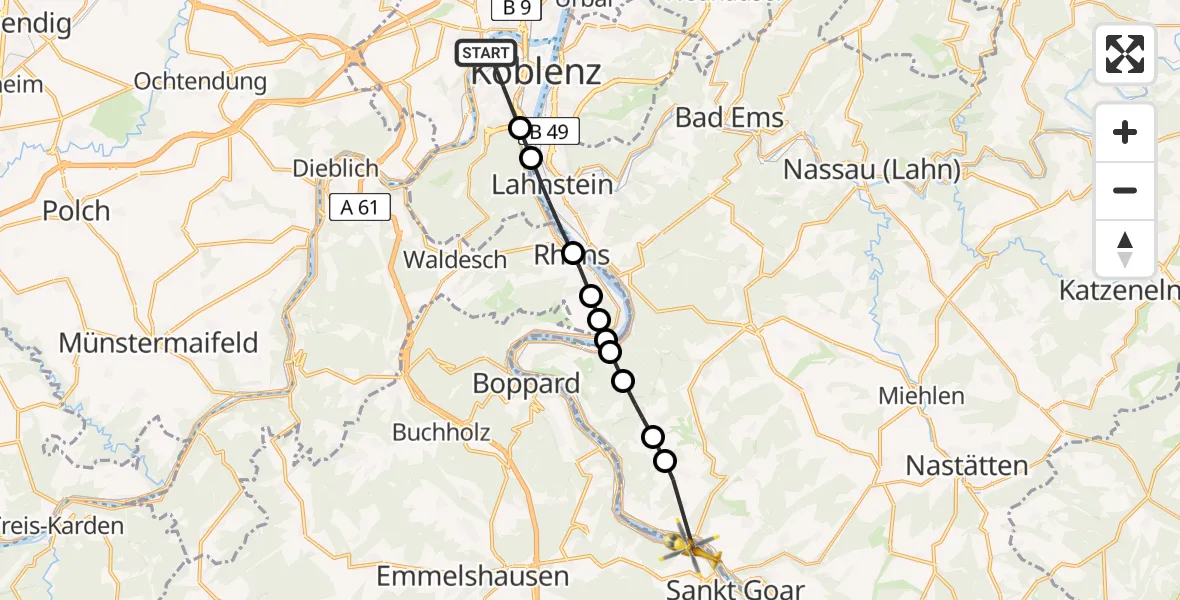 Flugroute Rettungshubschrauber Koblenz - St. Goar-Fellen, 14 März 2026, 14:57