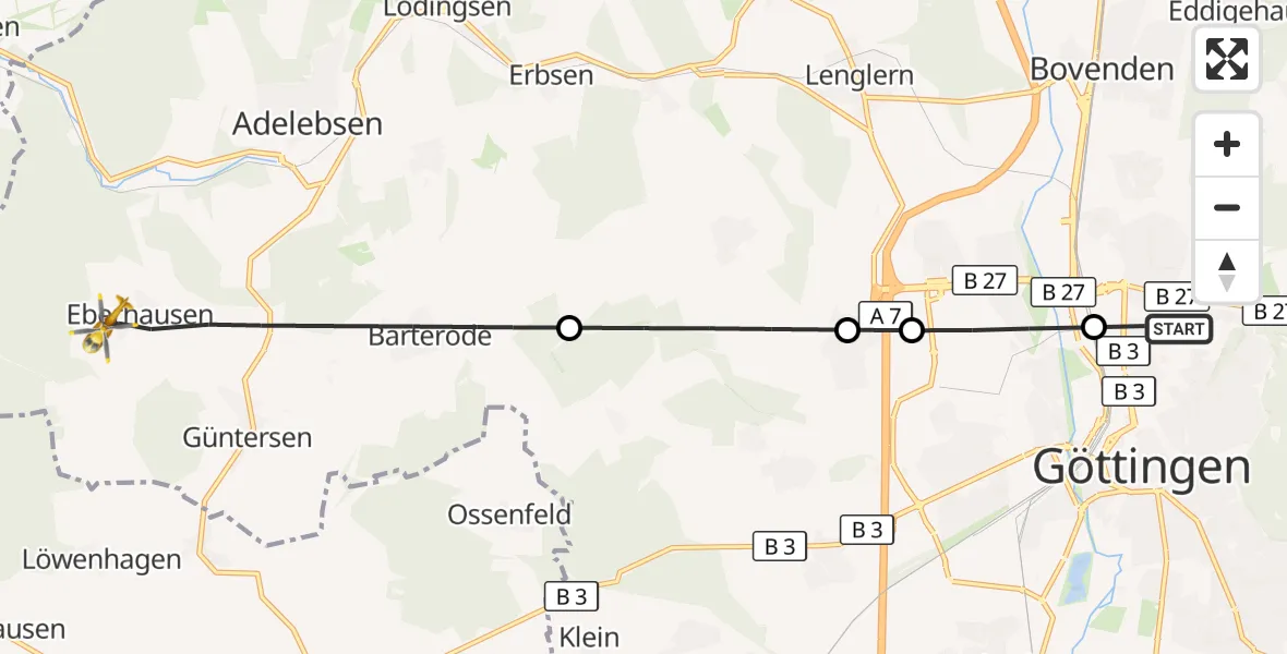 Flugroute Rettungshubschrauber Göttingen University Clinic Heliport - Adelebsen, 14 März 2026, 15:02