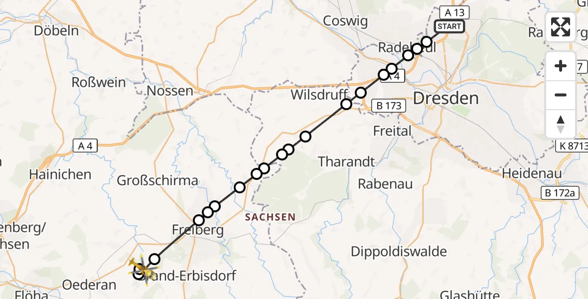 Flugroute Rettungshubschrauber Klotzsche - Oberschöna, 14 März 2026, 15:12