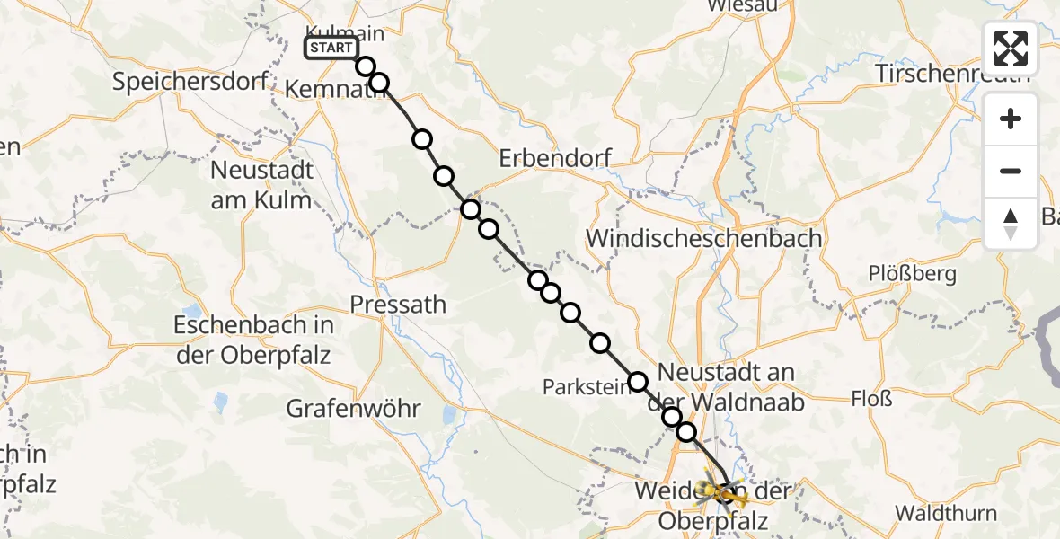 Flugroute Rettungshubschrauber Kulmain - Weiden Hospital Heliport, 14 März 2026, 15:12