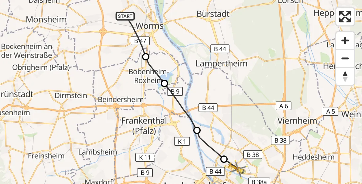 Flugroute Rettungshubschrauber Worms - Neckarstadt-Ost/Wohlgelegen, 14 März 2026, 15:18