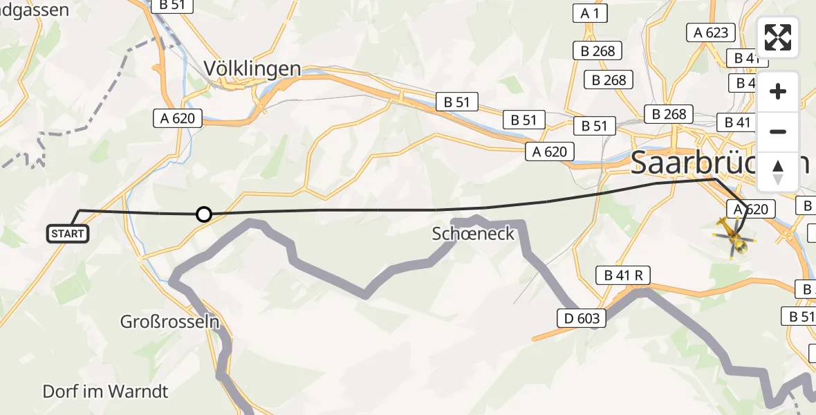 Flugroute Rettungshubschrauber Völklingen - Saarbrücken, 14 März 2026, 15:18