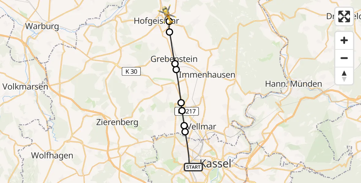 Flugroute Rettungshubschrauber Kassel - Hofgeismar, 14 März 2026, 15:21