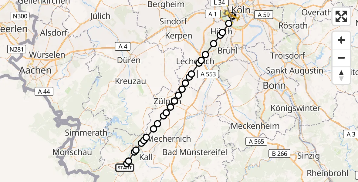 Flugroute Rettungshubschrauber Oberhausen - Köln University Hospital, 14 März 2026, 15:30