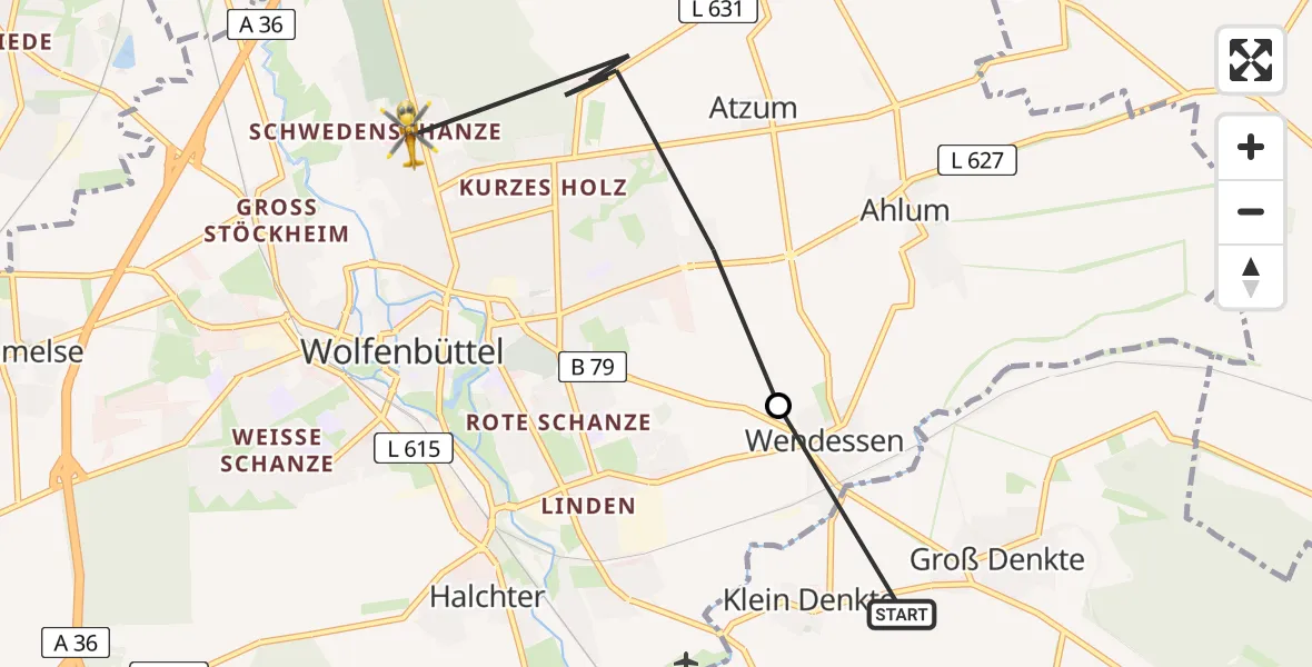 Flugroute Rettungshubschrauber Groß Denkte - Wolfenbüttel Municipal Hospital Heliport (Christoph 30), 14 März 2026, 15:35