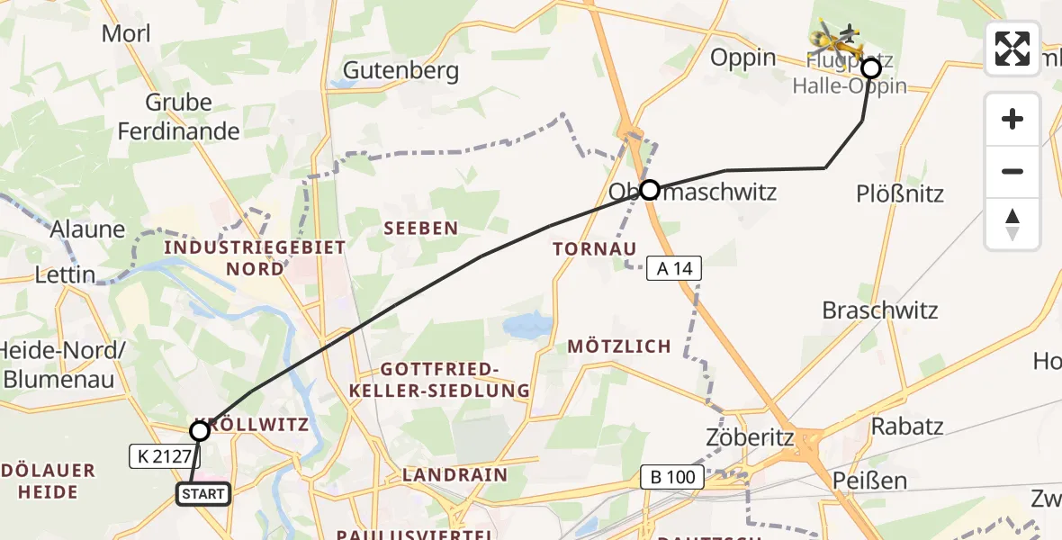 Flugroute Rettungshubschrauber Halle (Saale) University Hospital - Halle-Oppin Airfield, 14 März 2026, 15:36
