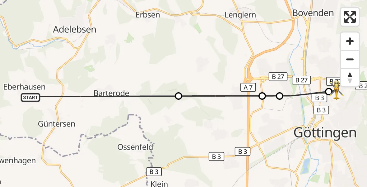 Flugroute Rettungshubschrauber Adelebsen - Göttingen University Clinic Heliport, 14 März 2026, 15:36