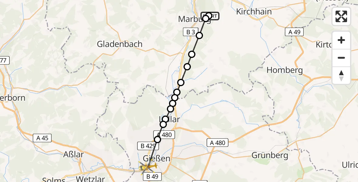 Routekaart van de vlucht: Rettungshubschrauber nach Gießen, Lahnstraße