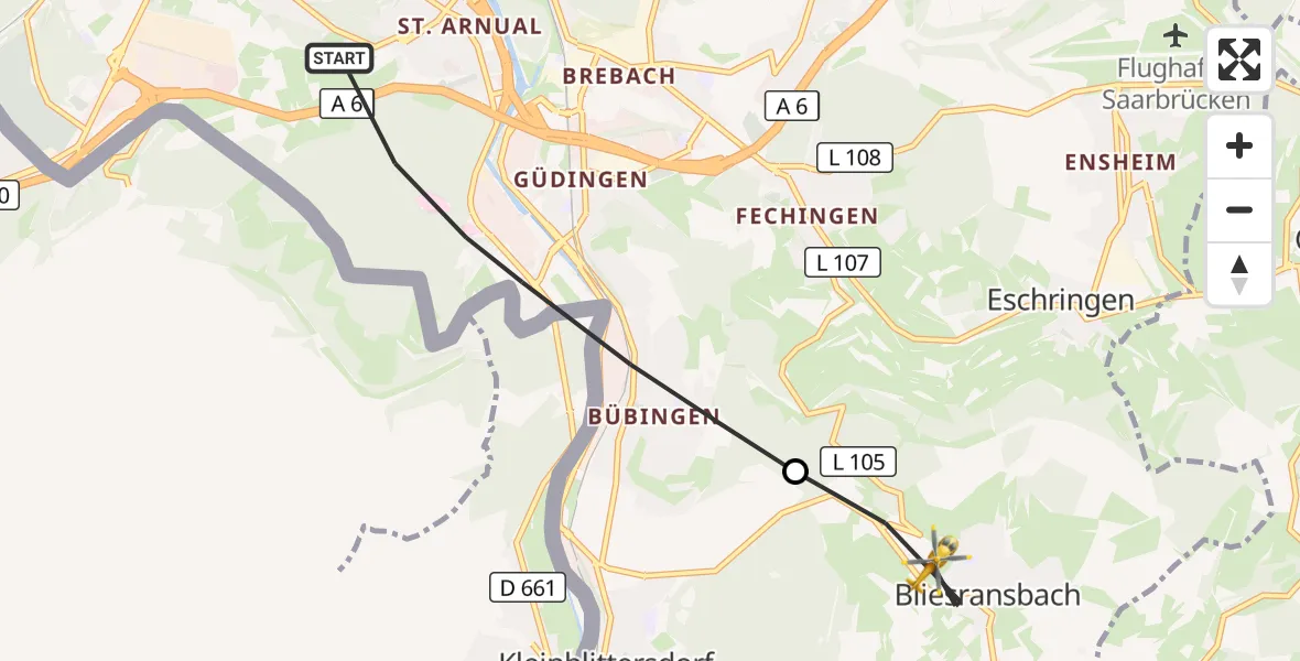 Flugroute Rettungshubschrauber Saarbrücken - Kleinblittersdorf, 14 März 2026, 15:40