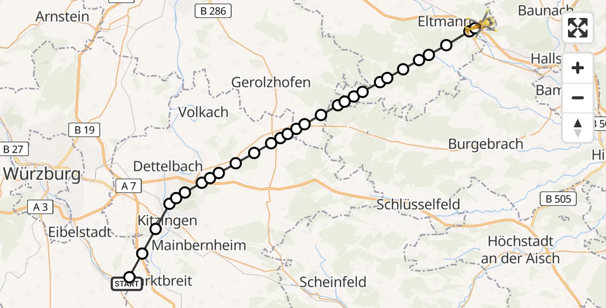 Flugroute Rettungshubschrauber Ochsenfurt - Stettfeld, 14 März 2026, 15:43