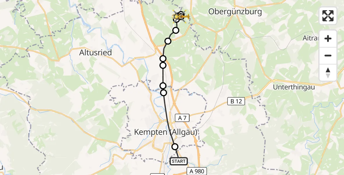 Flugroute Rettungshubschrauber Weidach - Dietmannsried, 14 März 2026, 15:51