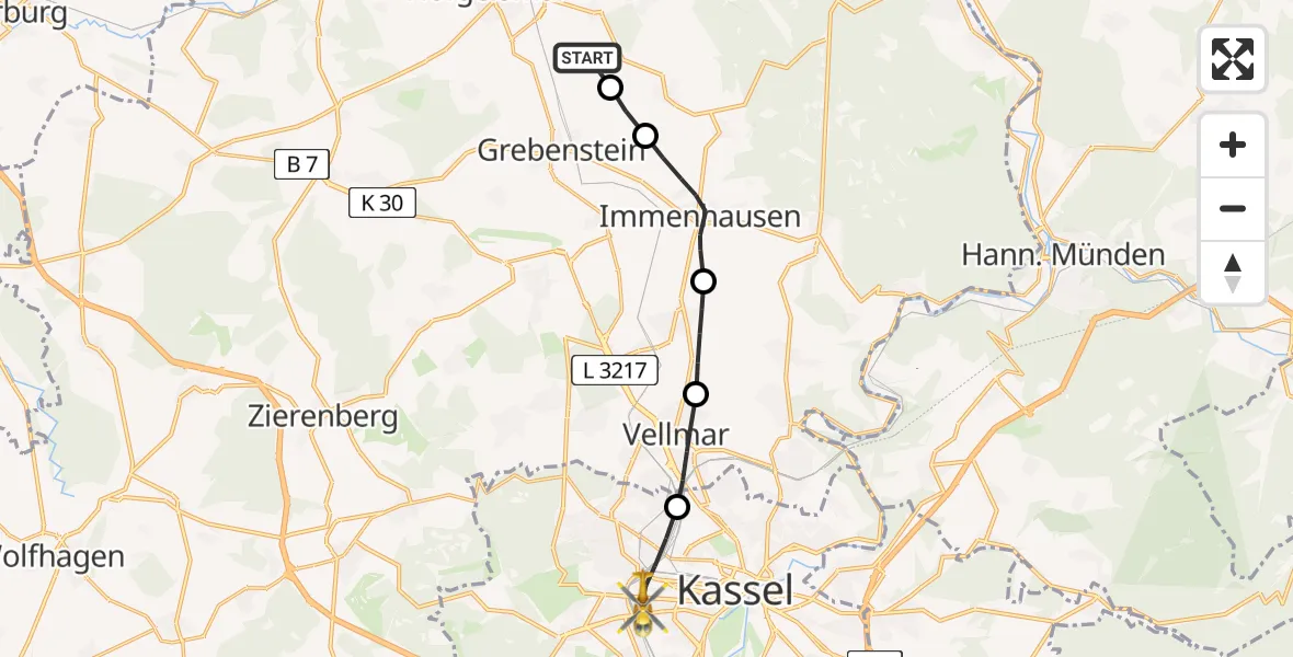 Flugroute Rettungshubschrauber Carlsdorf - Kassel, 14 März 2026, 15:52