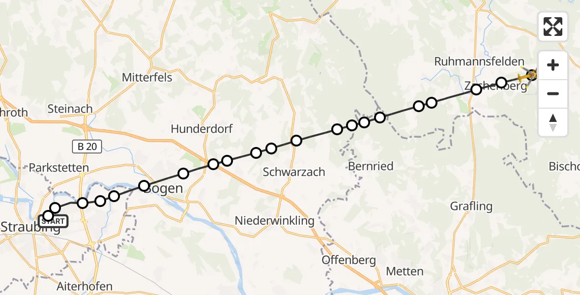 Flugroute Rettungshubschrauber Sankt Elisabeth Hospital Straubing - Kleinried, 14 März 2026, 16:05