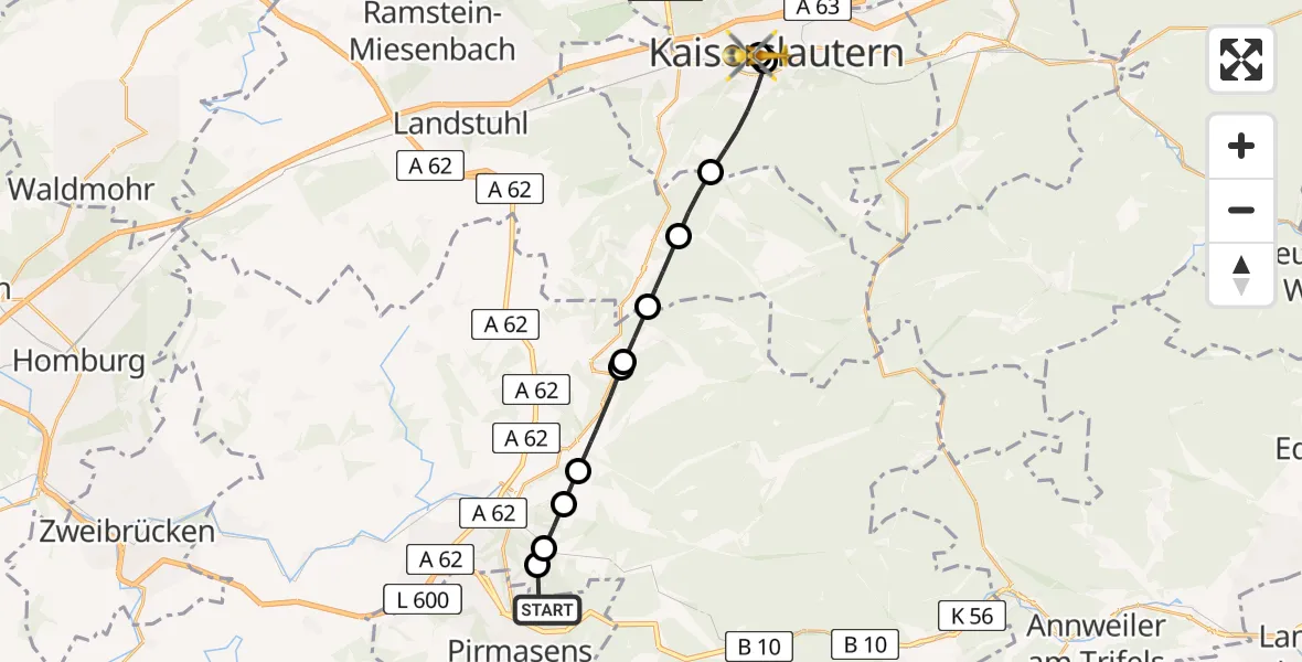 Routekaart van de vlucht: Rettungshubschrauber nach Westpfalz Hospital Kaiserslautern