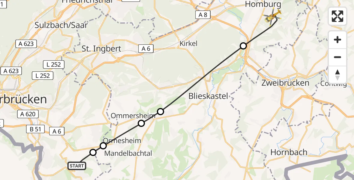 Routekaart van de vlucht: Rettungshubschrauber nach Homburg, Kirrberger Straße
