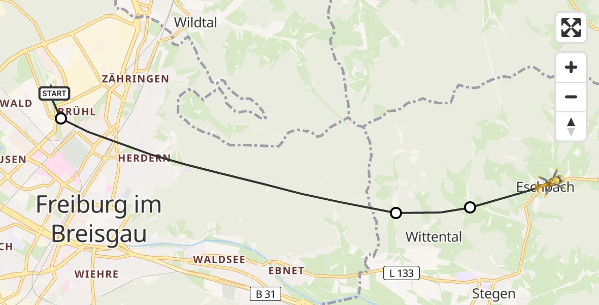 Flugroute Rettungshubschrauber Freiburg im Breisgau Airfield - Eschbach, 14 März 2026, 16:26