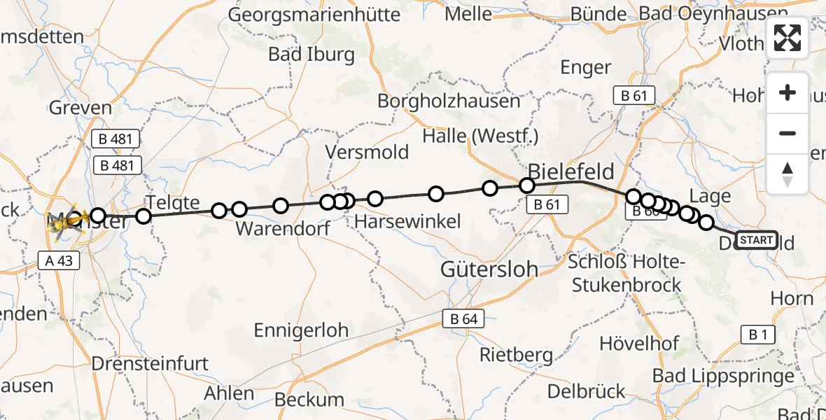 Flugroute Ambulanzhubschrauber Detmold - Münster-West, 14 März 2026, 16:28