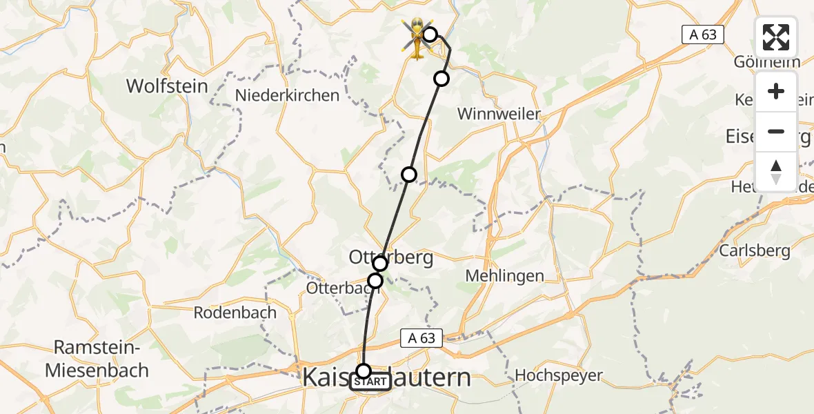 Flugroute Rettungshubschrauber Westpfalz Hospital Kaiserslautern - Imsweiler UL, 14 März 2026, 16:41