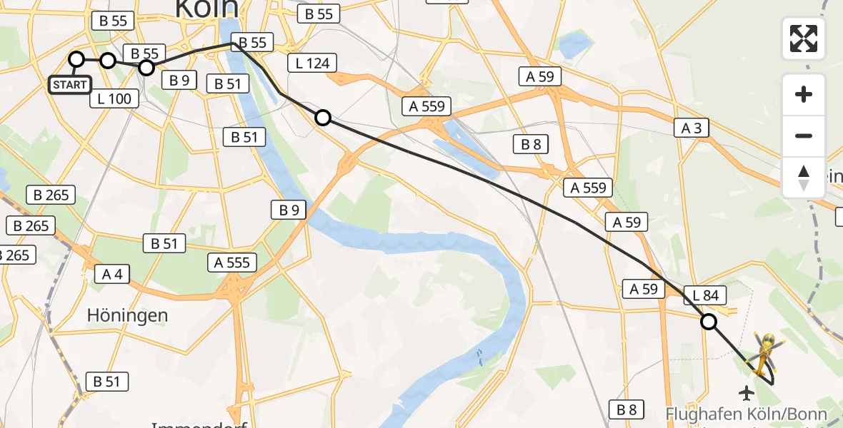 Flugroute Rettungshubschrauber Köln University Hospital - Cologne Bonn Airport, 14 März 2026, 16:44