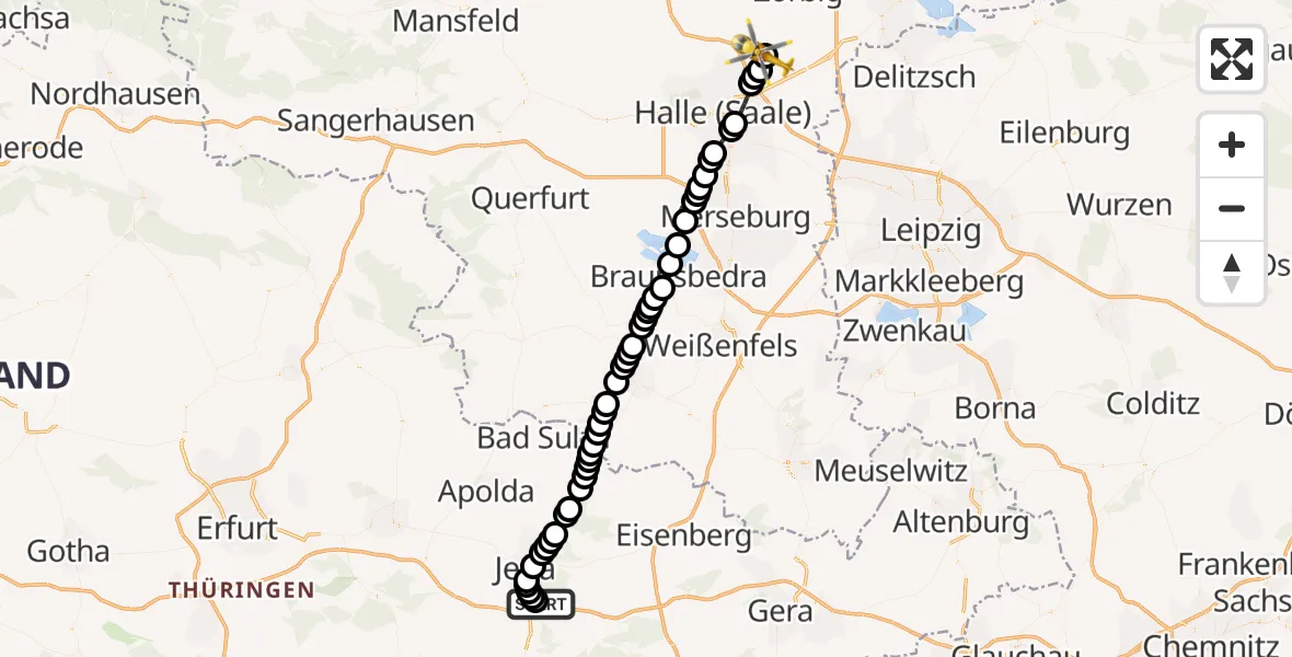 Flugroute Ambulanzhubschrauber Jena University Hospital - Halle-Oppin Airfield, 14 März 2026, 17:01