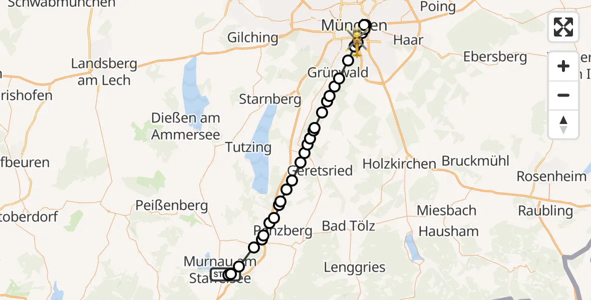 Flugroute Rettungshubschrauber Murnau Accident Hospital - Obergiesing-Fasangarten, 14 März 2026, 17:04