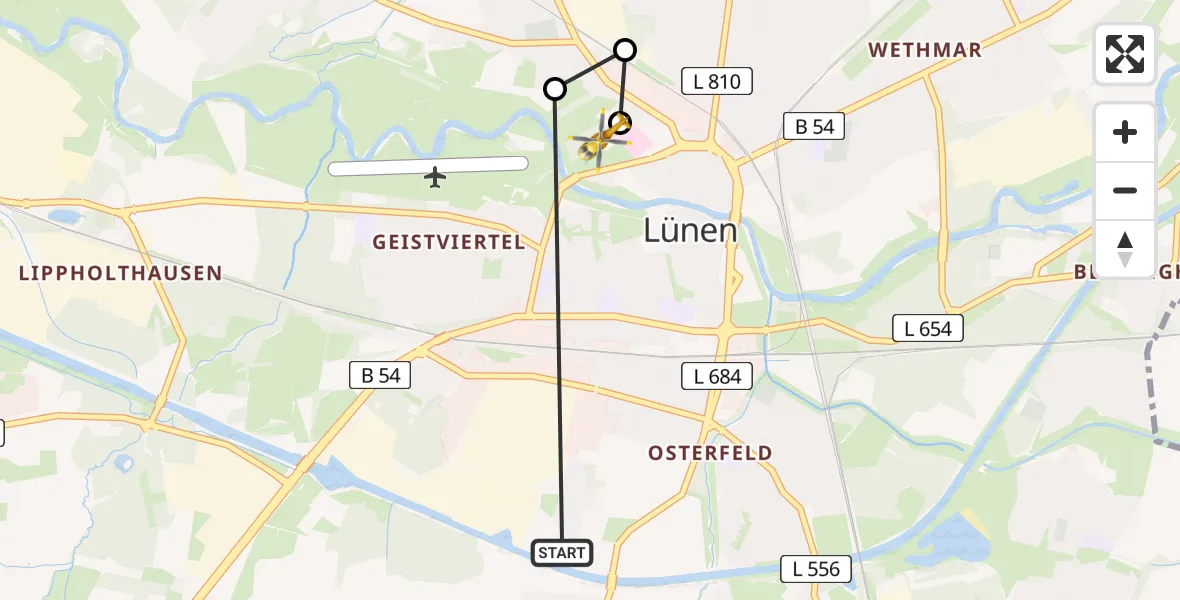 Flugroute Rettungshubschrauber Lünen - Sankt Marien Hospital, 14 März 2026, 17:05