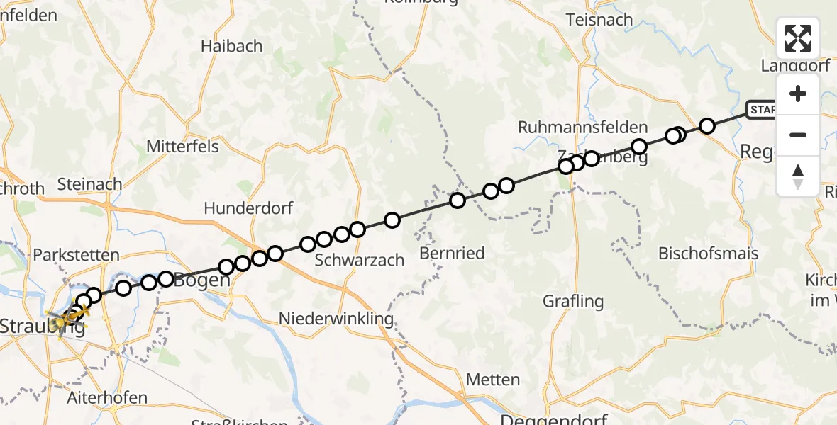 Flugroute Rettungshubschrauber Bärndorf - Sankt Elisabeth Hospital Straubing, 14 März 2026, 17:16