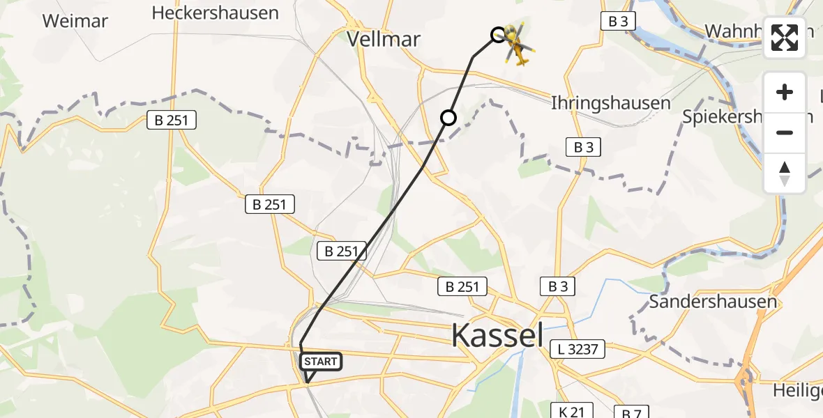 Routekaart van de vlucht: Rettungshubschrauber nach Fuldatal Federal Police Heliport