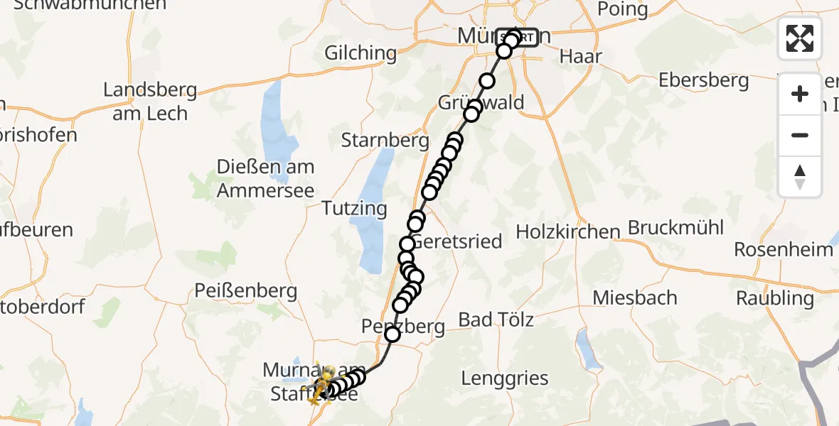 Flugroute Rettungshubschrauber Rechts der Isar University Hospital - Murnau Accident Hospital, 14 März 2026, 17:36