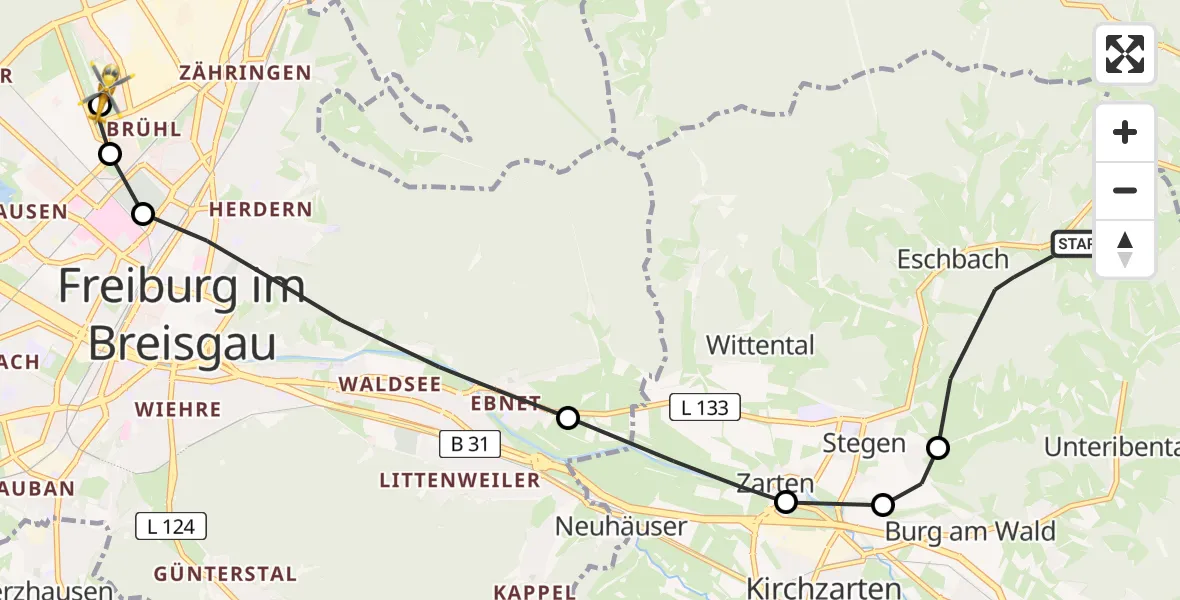 Flugroute Rettungshubschrauber Eschbach - Freiburg im Breisgau Airfield, 14 März 2026, 17:37