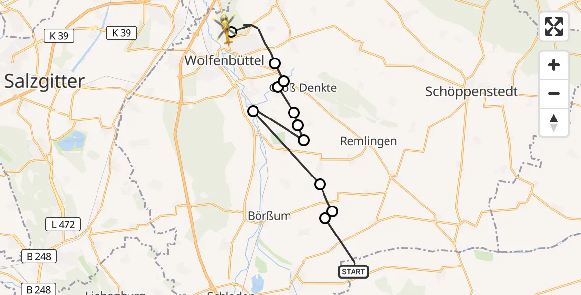 Flugroute Rettungshubschrauber Osterwieck - Wolfenbüttel Municipal Hospital Heliport (Christoph 30), 14 März 2026, 17:39