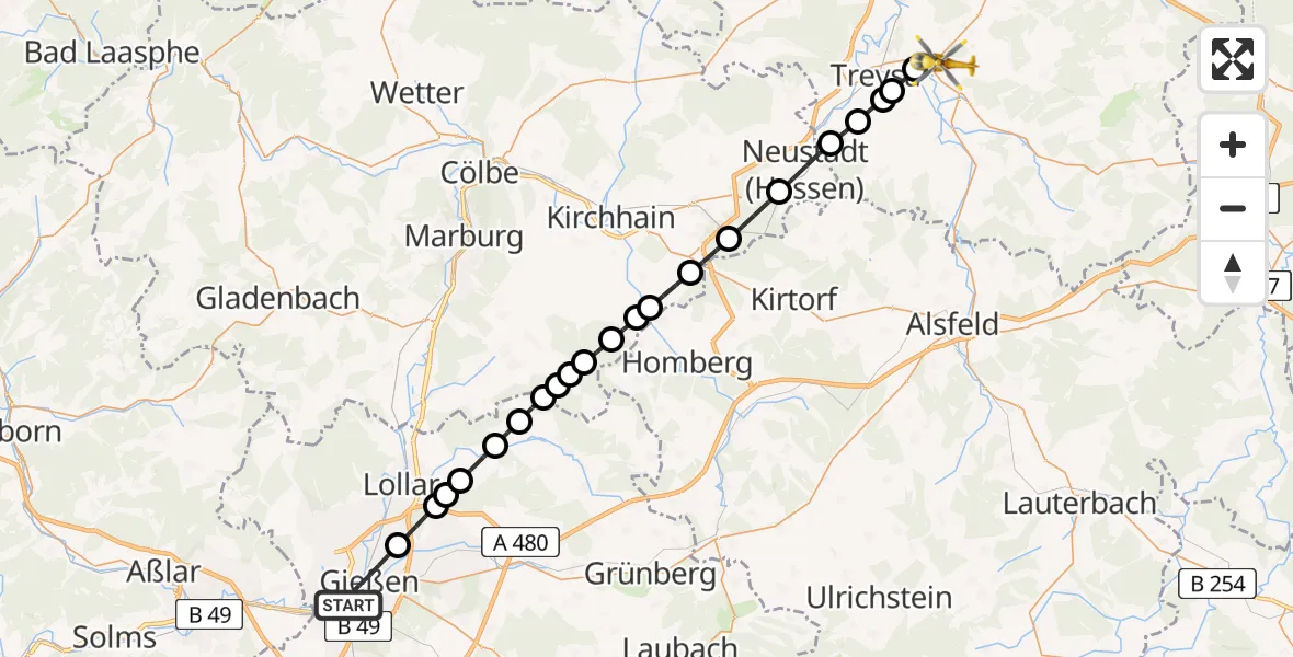 Flugroute Rettungshubschrauber Gießen - Niedergrenzebach, 14 März 2026, 17:45