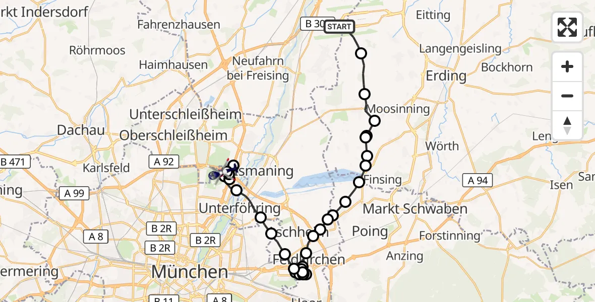 Flugroute Polizeihubschrauber Munich Airport - Schwabing-Freimann, 14 März 2026, 17:47